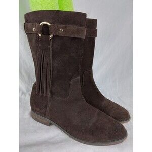 Michael Kors Rhea Brown Suede Mid Calf Boots Fringe Pull On Womens size 7.5 M